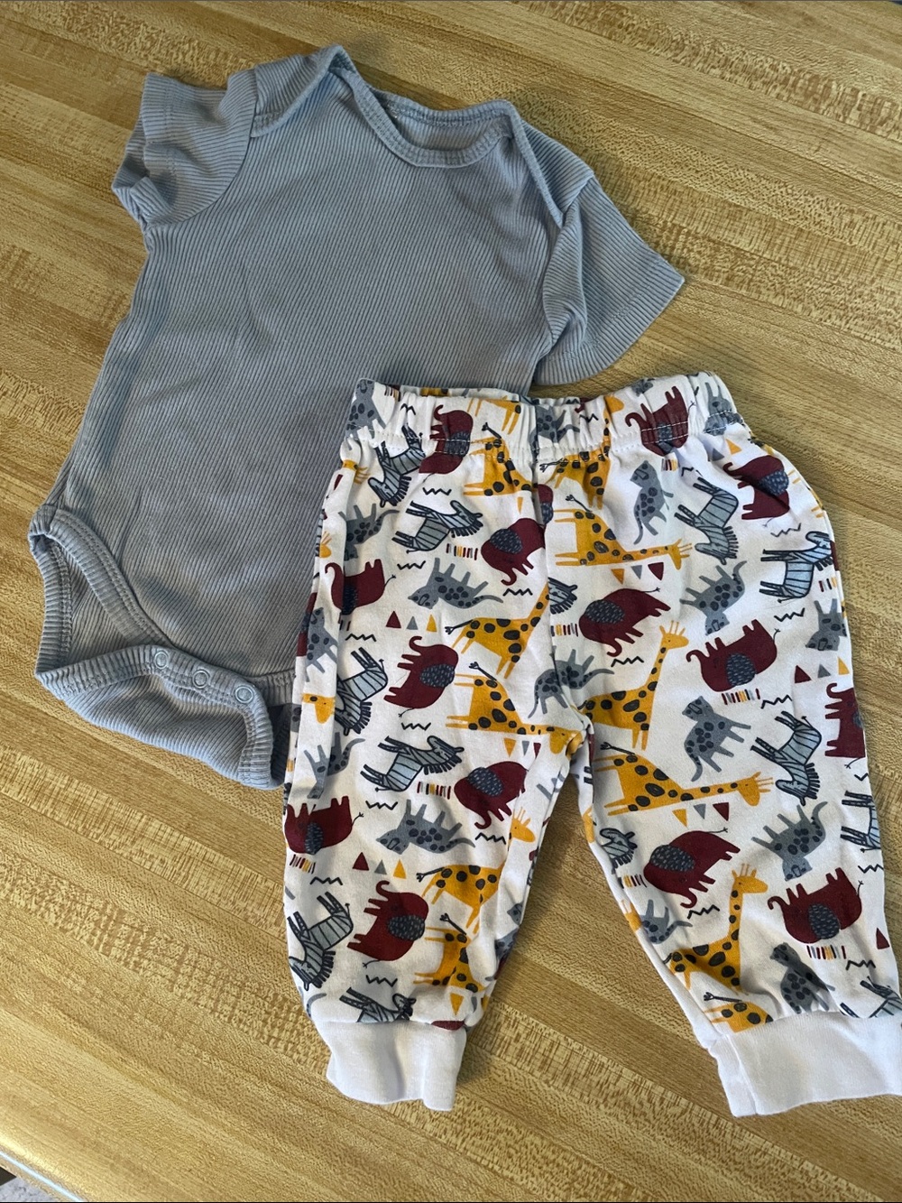 chick pea* Jungle pants and blue ribbed onesie outfit